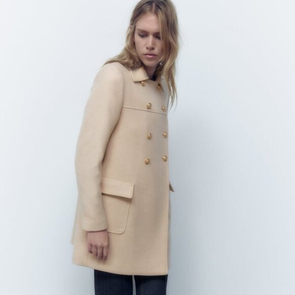 NEW Zara Women's WOOL BLEND Double-breasted Coat Sand - Picture 3 of 11